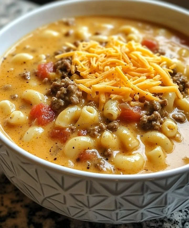 Bowl of creamy macaroni cheeseburger soup topped with cheese and herbs
