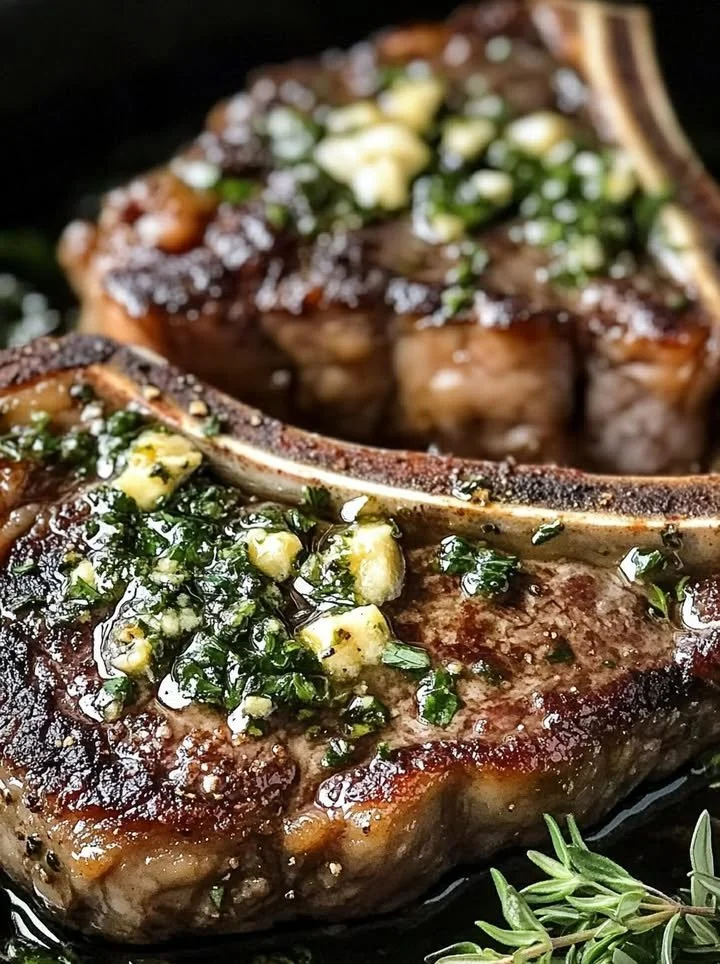 Juicy marinated herb butter T-Bone steaks on a grill.