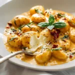 Plate of Marry Me Gnocchi topped with creamy burrata cheese