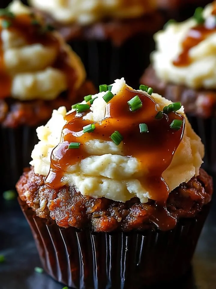 Delicious Meatloaf Cupcakes topped with creamy whipped potatoes