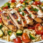 Mediterranean Chicken and Orzo Skillet garnished with fresh herbs and vegetables