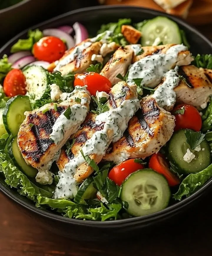 Delicious Tzatziki Chicken Salad served in a bowl with fresh ingredients