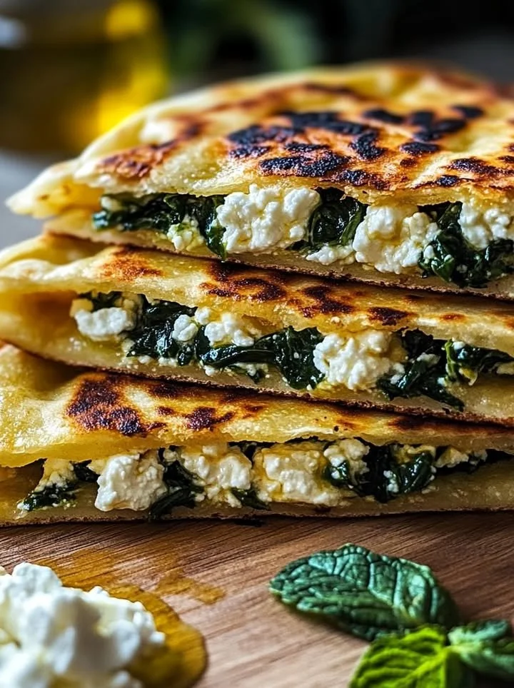 Mediterranean Mint and Feta Stuffed Flatbreads garnished with fresh herbs