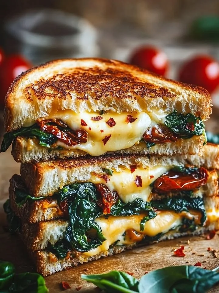 Mediterranean Spinach Grilled Cheese sandwich with fresh ingredients