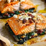 Mediterranean stuffed salmon with herbs and vegetables on a plate