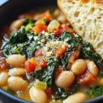 Bowl of Mediterranean white beans and greens garnished with herbs