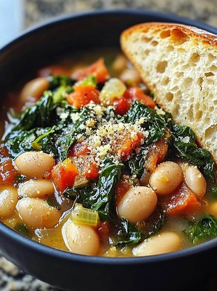 Bowl of Mediterranean white beans and greens garnished with herbs