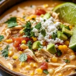 A bowl of Mexican Street Corn White Chicken Chili with toppings and corn