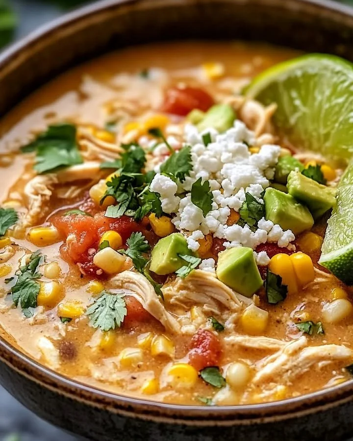 A bowl of Mexican Street Corn White Chicken Chili with toppings and corn