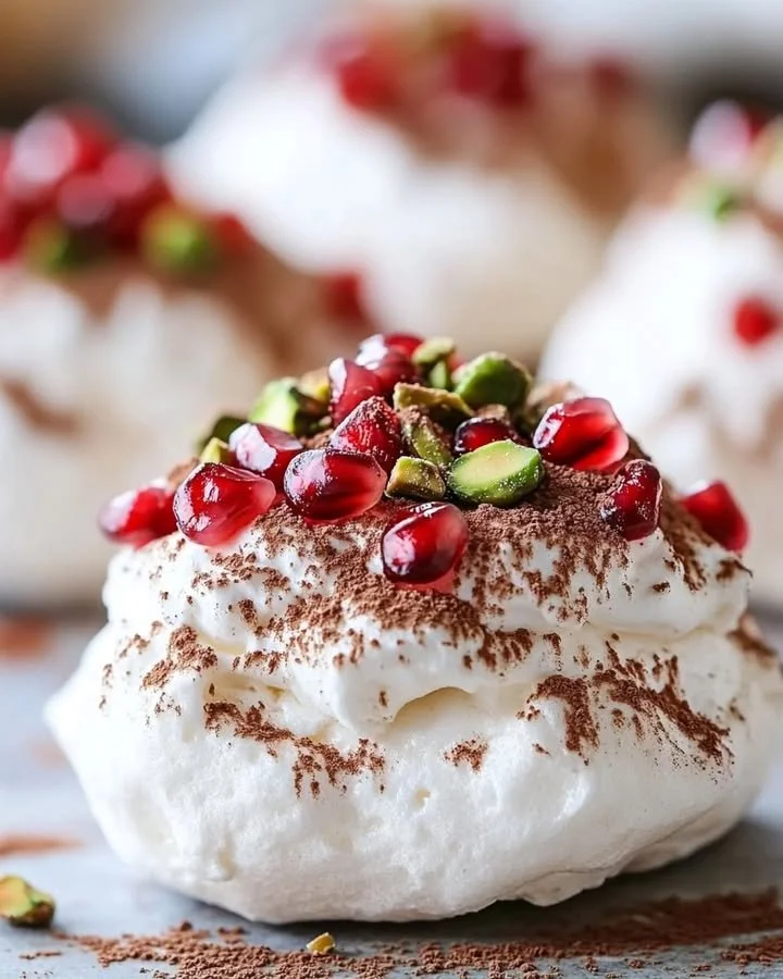 Mini pavlovas topped with pomegranate and pistachios for a delicious dessert