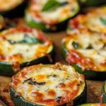 Mini zucchini crust pizzas topped with fresh vegetables and mozzarella cheese