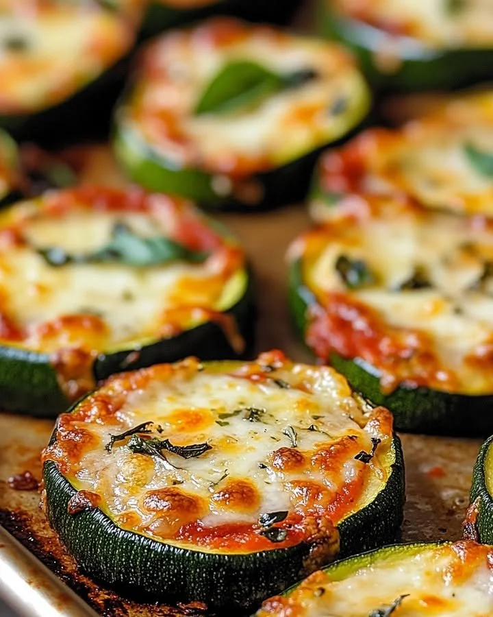 Mini zucchini crust pizzas topped with fresh vegetables and mozzarella cheese
