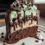 Mint Chocolate Chip Drip Cake with chocolate drizzle and mint garnishes.