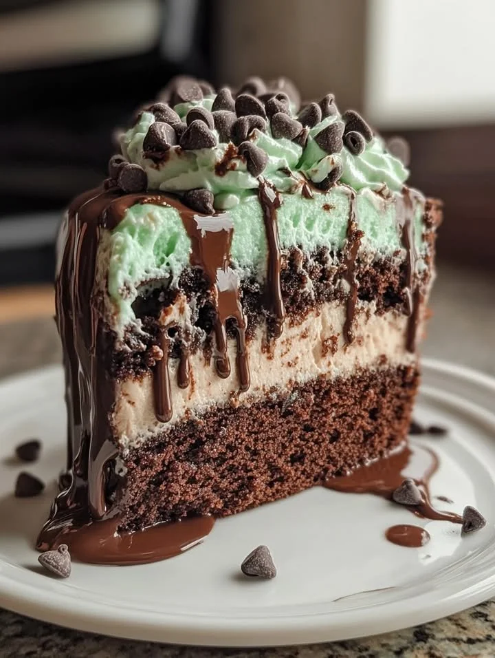 Mint Chocolate Chip Drip Cake with chocolate drizzle and mint garnishes.