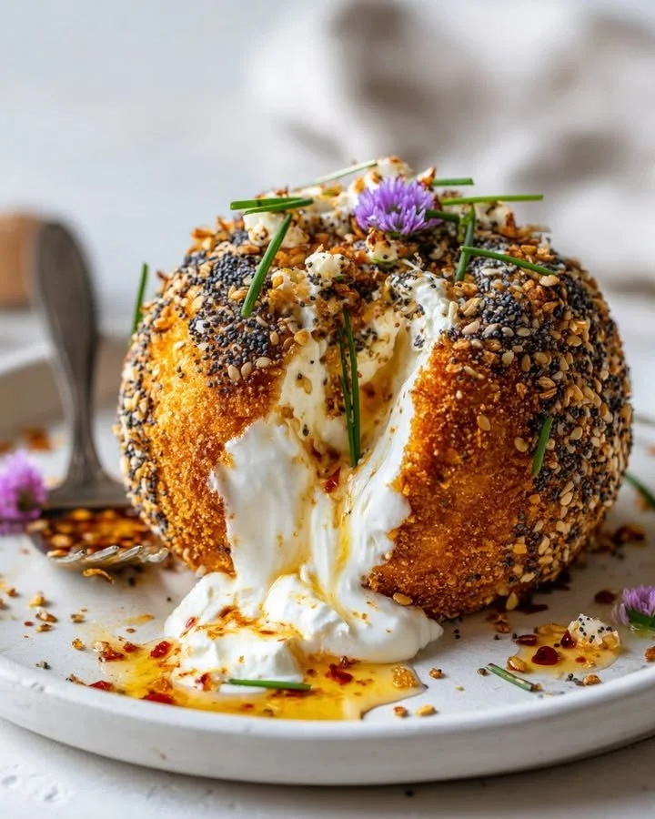 Molten Burrata Sphere in Bagel Crust, showcasing delicious melted cheese