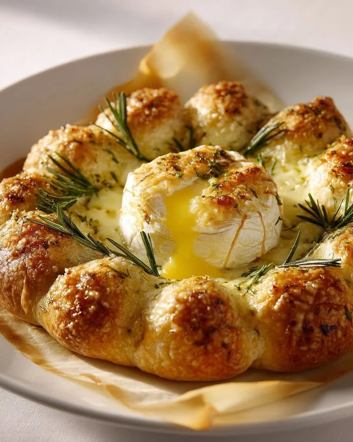 Molten Camembert Focaccia Ring topped with herbs and served warm