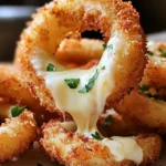 Crispy mozzarella-stuffed onion rings with garlic butter for a savory snack.