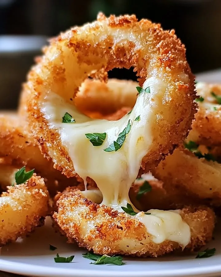 Crispy mozzarella-stuffed onion rings with garlic butter for a savory snack.