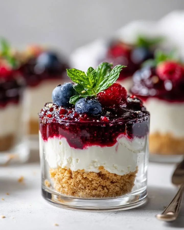 No-bake burrata cheesecake cups with fresh berries on top
