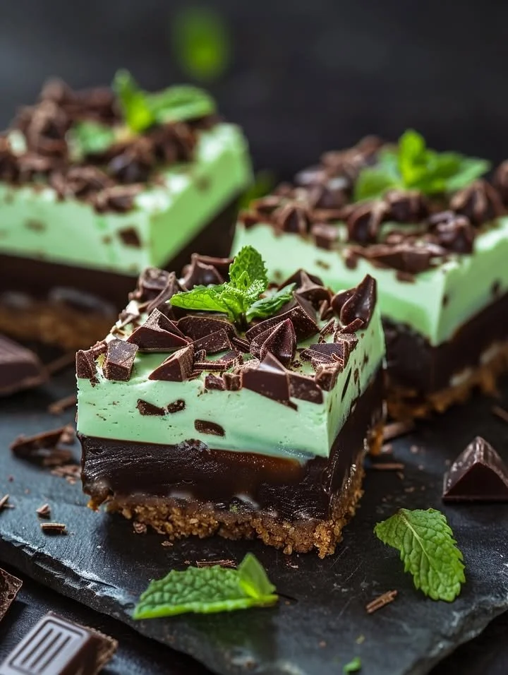 No-bake chocolate mint cheesecake bites on a plate with graham cracker crust.