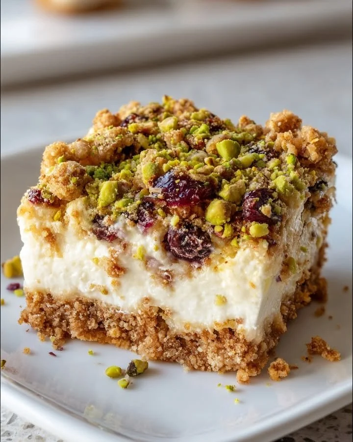 No-bake honey pistachio ricotta bars topped with honey and pistachios