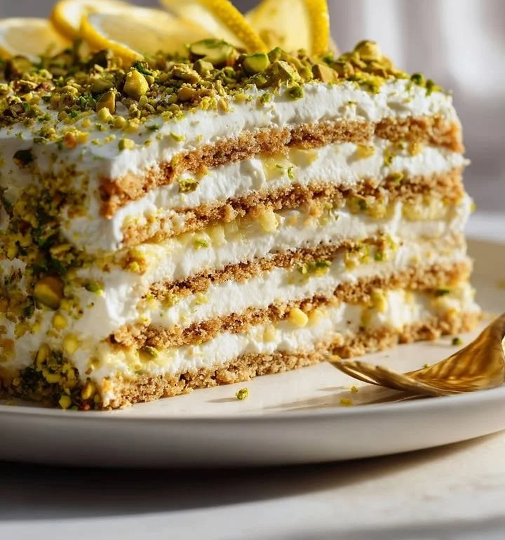 No-bake lemon pistachio icebox dessert topped with crushed pistachios.