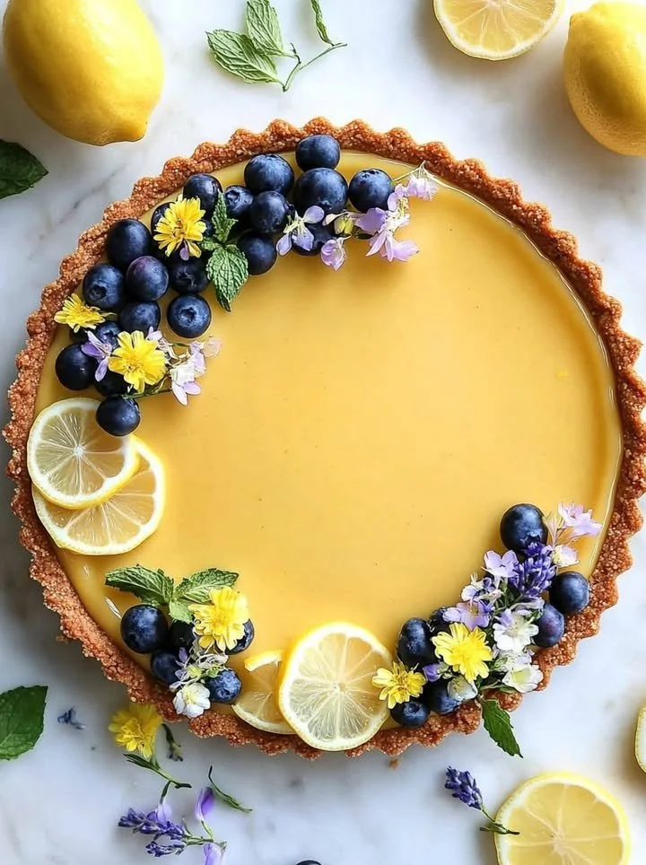 No-bake lemon tart topped with fresh fruit and mint leaves on a white plate