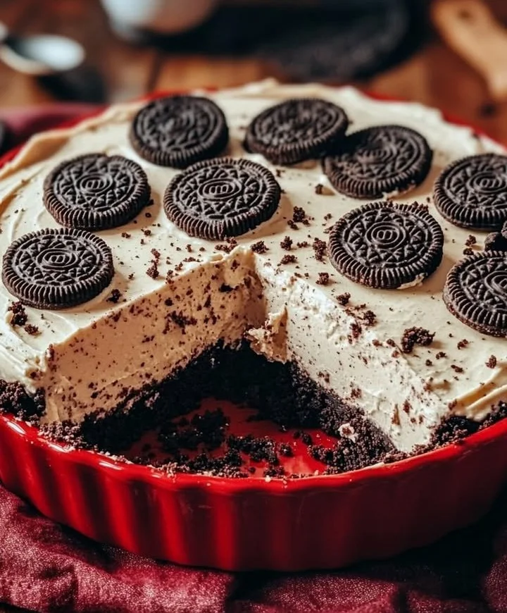 No-Bake Oreo Mud Pie topped with crushed Oreos and whipped cream