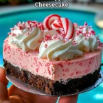 Delicious no-bake peppermint cheesecake topped with chocolate curls.