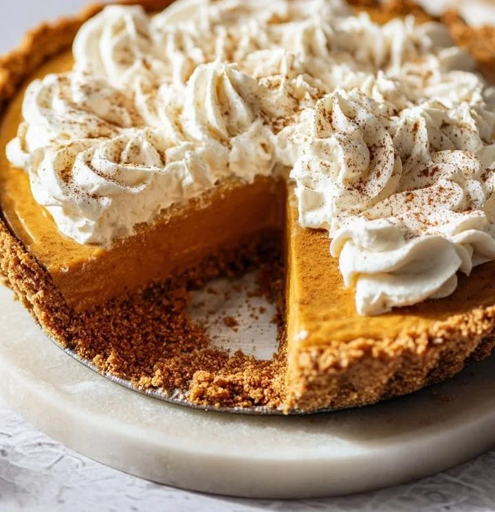 No-Bake Pumpkin Pie topped with a fluffy whipped cream cloud