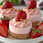 No-bake strawberry banana cheesecake bites on a white plate