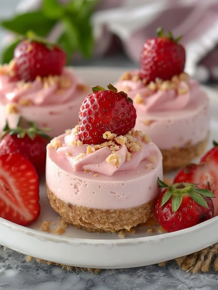 No-bake strawberry banana cheesecake bites on a white plate