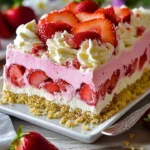 No-Bake Strawberry Crunch Cake topped with fresh strawberries and crunchy layers