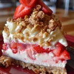 No-Bake Strawberry Crunch Cake with fresh strawberries and crunchy topping