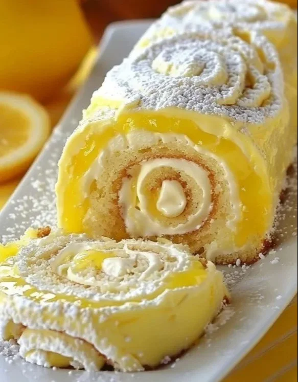 No-bake velvet lemon cream roll cake with a creamy, citrusy filling