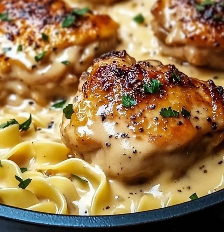 One-Pan Chicken with Buttered Noodles served on a plate