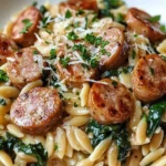 One Pan Creamy Orzo with Chicken Sausage dish garnished with herbs