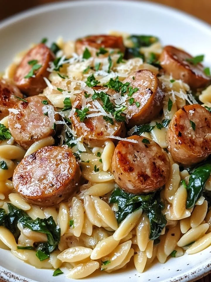 One Pan Creamy Orzo with Chicken Sausage dish garnished with herbs