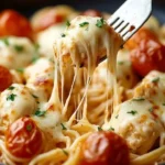 One-pot chicken parmesan pasta cooked with cheese and herbs in a skillet