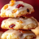 Orange cranberry ricotta cookies on a plate, topped with zest and cranberries.