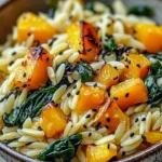 Orzo with roasted butternut squash and spinach served in a bowl
