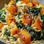 Orzo pasta dish with roasted butternut squash and fresh spinach