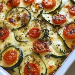 Oven baked zucchini and cheese dish topped with golden crust.