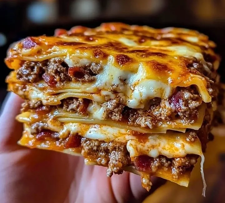 Parmesan Garlic Beef Cheeseburger Lasagna with layers of cheese and beef