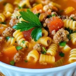 Bowl of delicious Pasta and Beans Soup garnished with herbs.