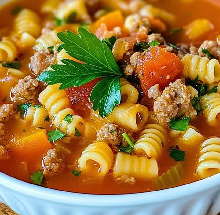 Bowl of delicious Pasta and Beans Soup garnished with herbs.