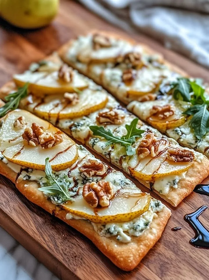 Delicious Pear, Gorgonzola, and Walnut Flatbread served on a wooden board.