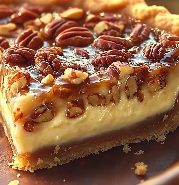 Delicious Pecan Cream Cheese Pie topped with nuts and cream cheese filling