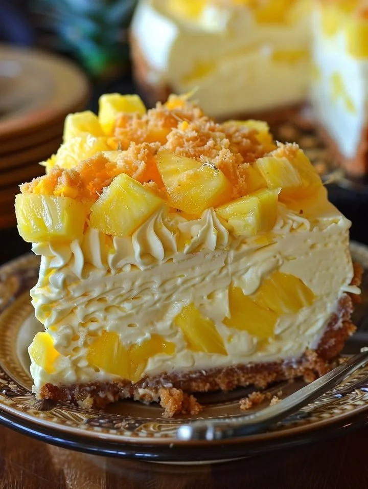 Delicious Pineapple Lime Cheesecake topped with tropical fruit