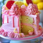 Deliciously vibrant Pink Lemonade Cake topped with fresh lemon slices.